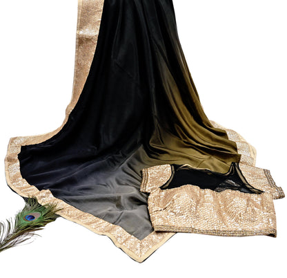 Rare Vintage Pure Satin Silk Saree Hand Embroidered Fabric 6 Yards Sari Bollywood Party Wear Ethnic Saree with padded Blouse size 38"