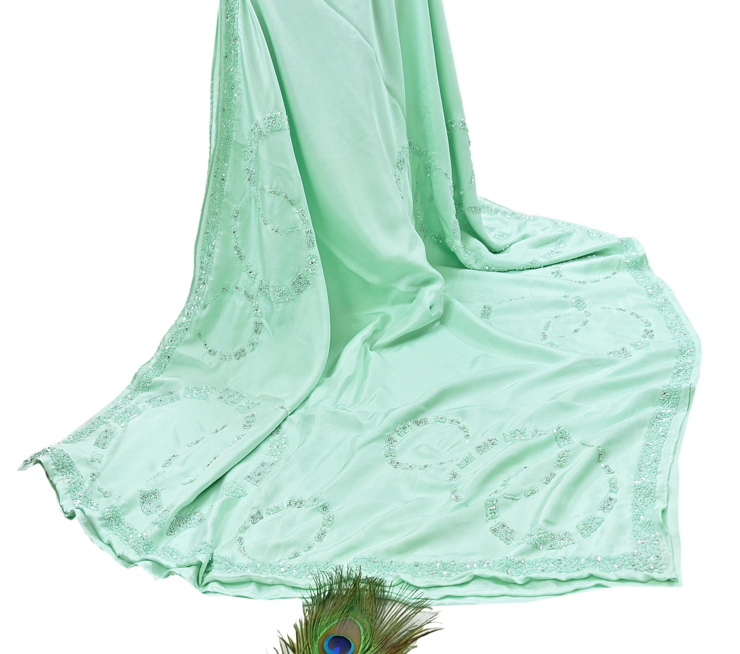 Rare Vintage Green Pure Silk Saree Hand Beaded Abu Jani Designer Sari 5.5 Yards Bollywood Party Wear Ethnic