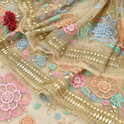 Rare Vintage Beige Net Saree Hand Beaded Abu Jani Designer Sari 6 Yards Bollywood Party Wear Ethnic mirror work
