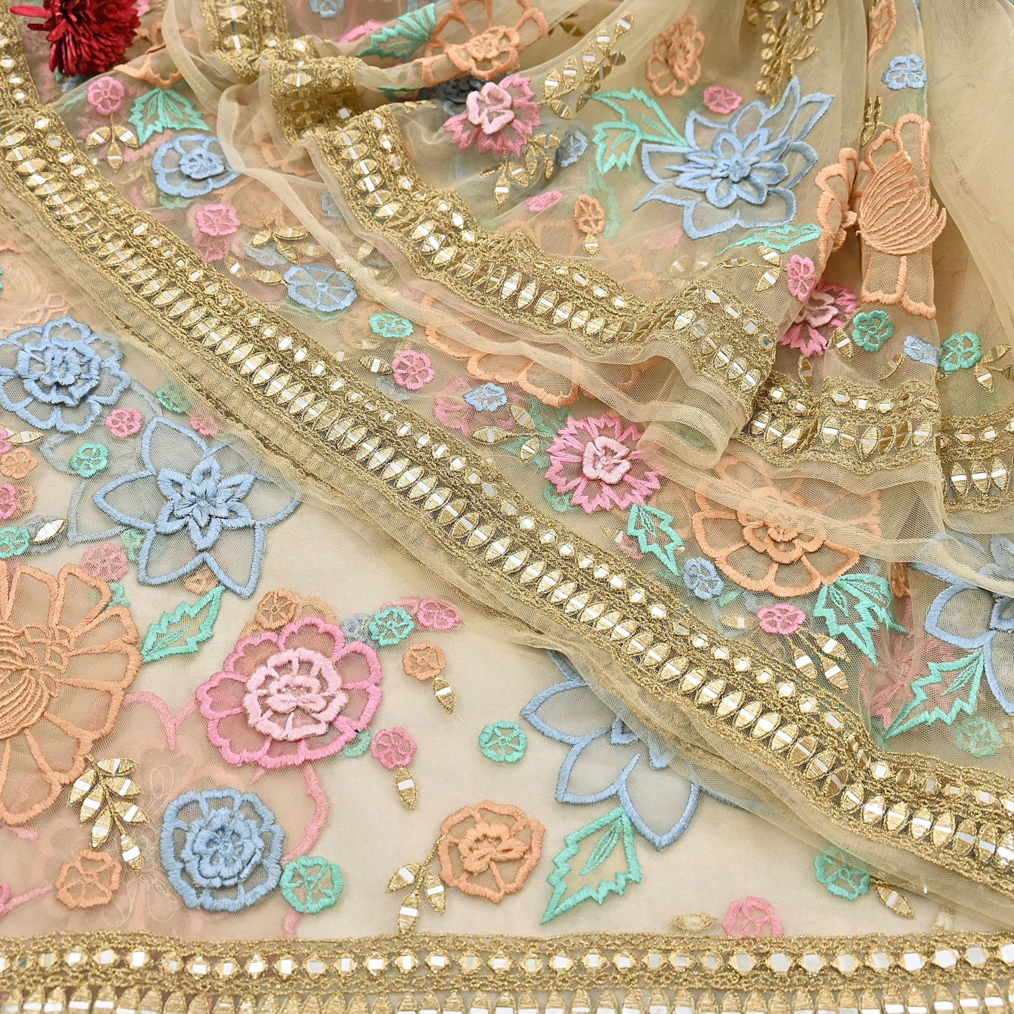 Rare Vintage Beige Net Saree Hand Beaded Abu Jani Designer Sari 6 Yards Bollywood Party Wear Ethnic mirror work