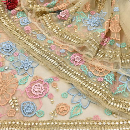 Rare Vintage Beige Net Saree Hand Beaded Abu Jani Designer Sari 6 Yards Bollywood Party Wear Ethnic mirror work