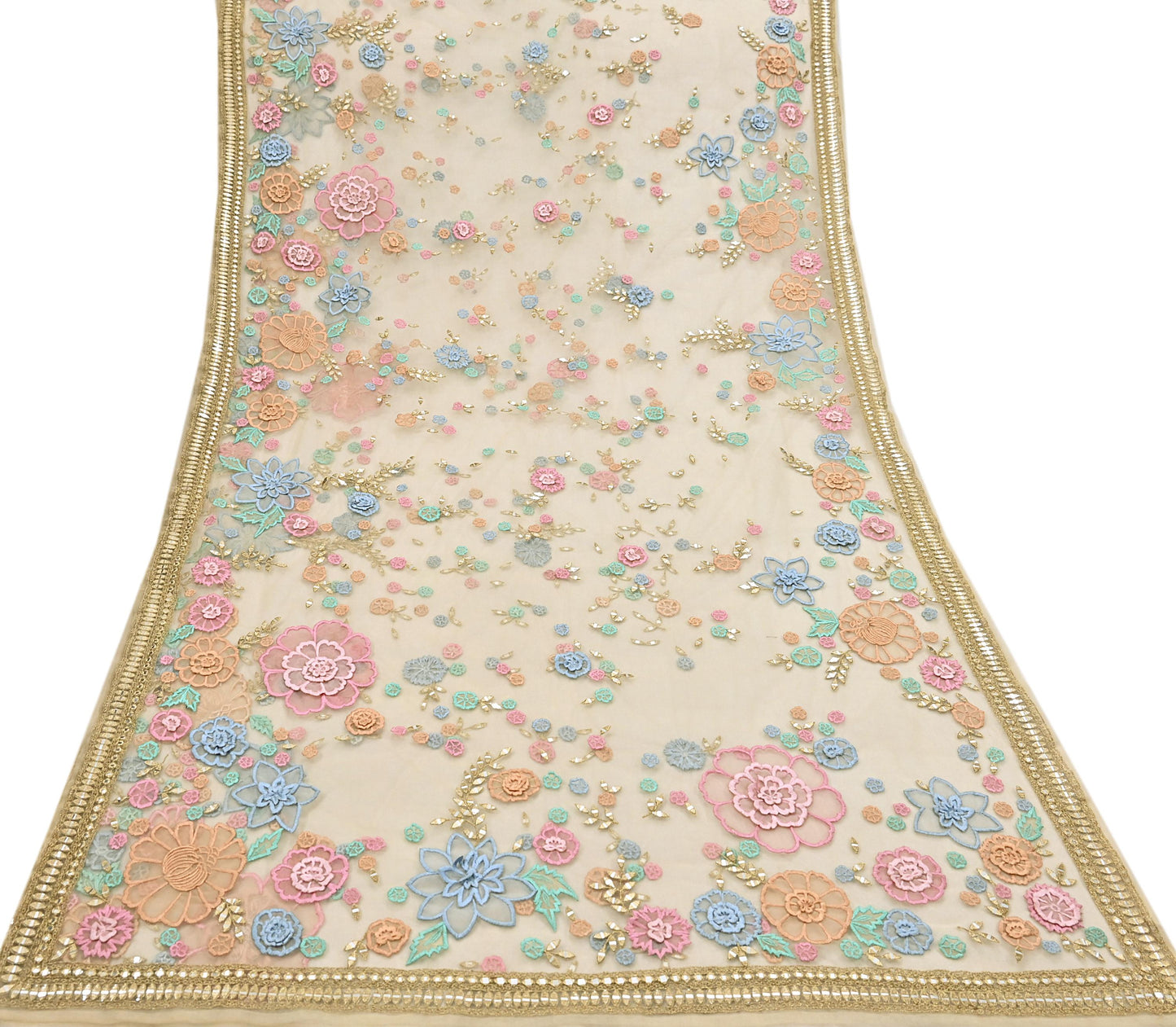 Rare Vintage Beige Net Saree Hand Beaded Abu Jani Designer Sari 6 Yards Bollywood Party Wear Ethnic mirror work