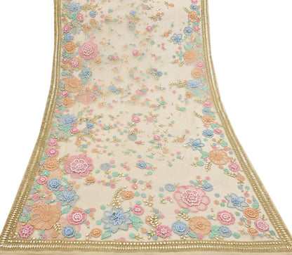 Rare Vintage Beige Net Saree Hand Beaded Abu Jani Designer Sari 6 Yards Bollywood Party Wear Ethnic mirror work