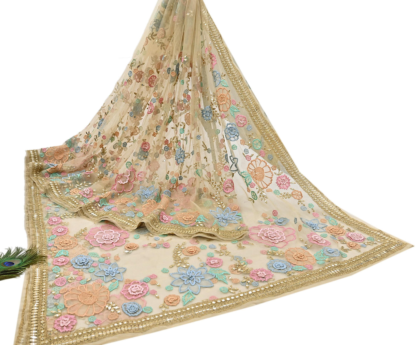 Rare Vintage Beige Net Saree Hand Beaded Abu Jani Designer Sari 6 Yards Bollywood Party Wear Ethnic mirror work