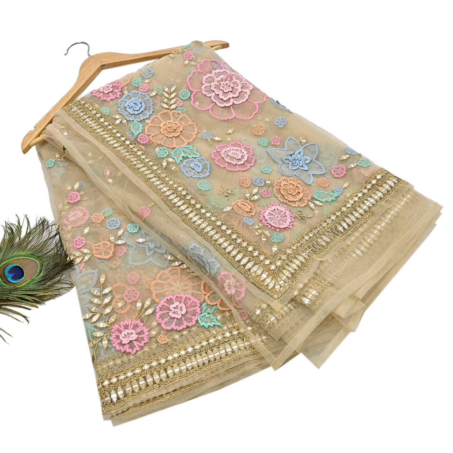 Rare Vintage Beige Net Saree Hand Beaded Abu Jani Designer Sari 6 Yards Bollywood Party Wear Ethnic mirror work