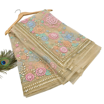 Rare Vintage Beige Net Saree Hand Beaded Abu Jani Designer Sari 6 Yards Bollywood Party Wear Ethnic mirror work