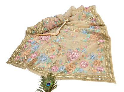 Rare Vintage Beige Net Saree Hand Beaded Abu Jani Designer Sari 6 Yards Bollywood Party Wear Ethnic mirror work