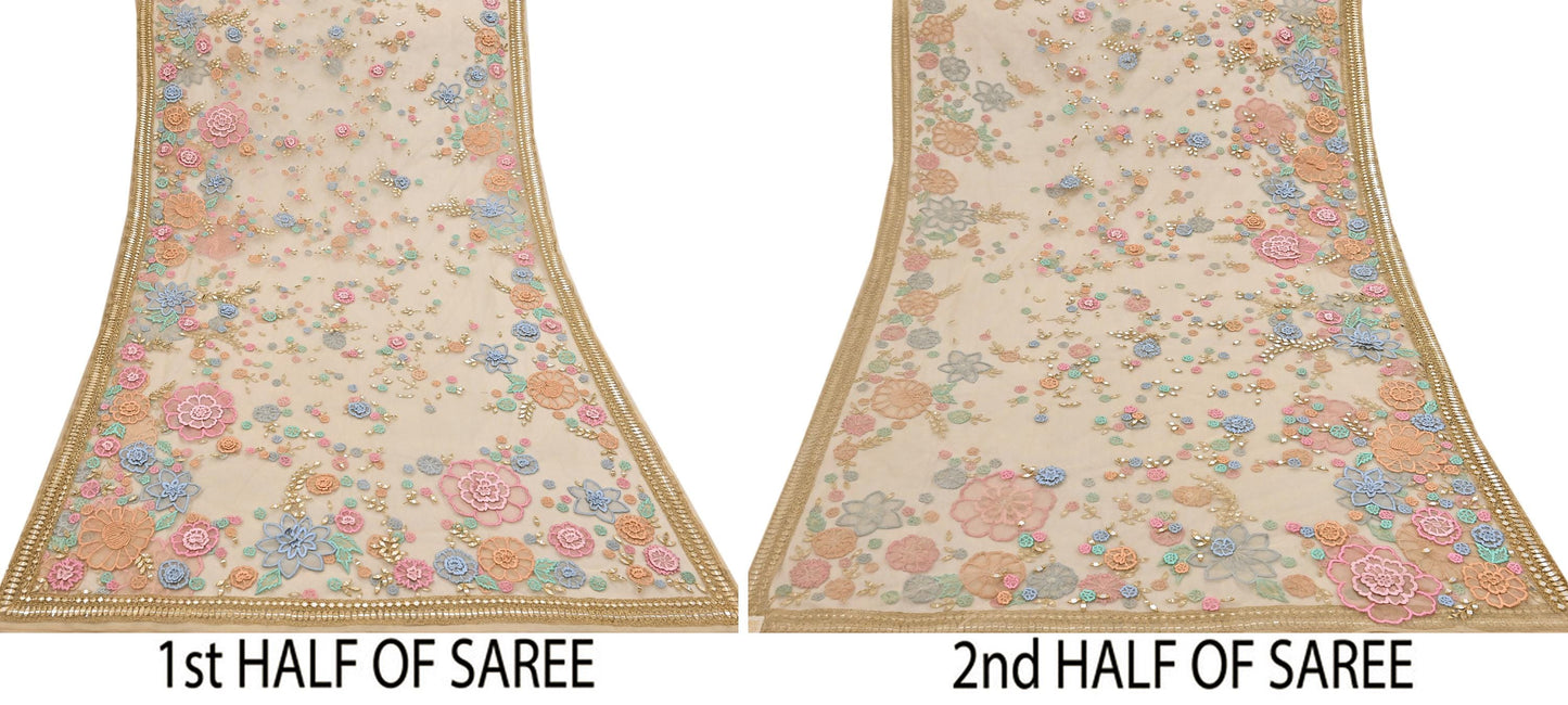 Rare Vintage Beige Net Saree Hand Beaded Abu Jani Designer Sari 6 Yards Bollywood Party Wear Ethnic mirror work