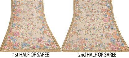 Rare Vintage Beige Net Saree Hand Beaded Abu Jani Designer Sari 6 Yards Bollywood Party Wear Ethnic mirror work