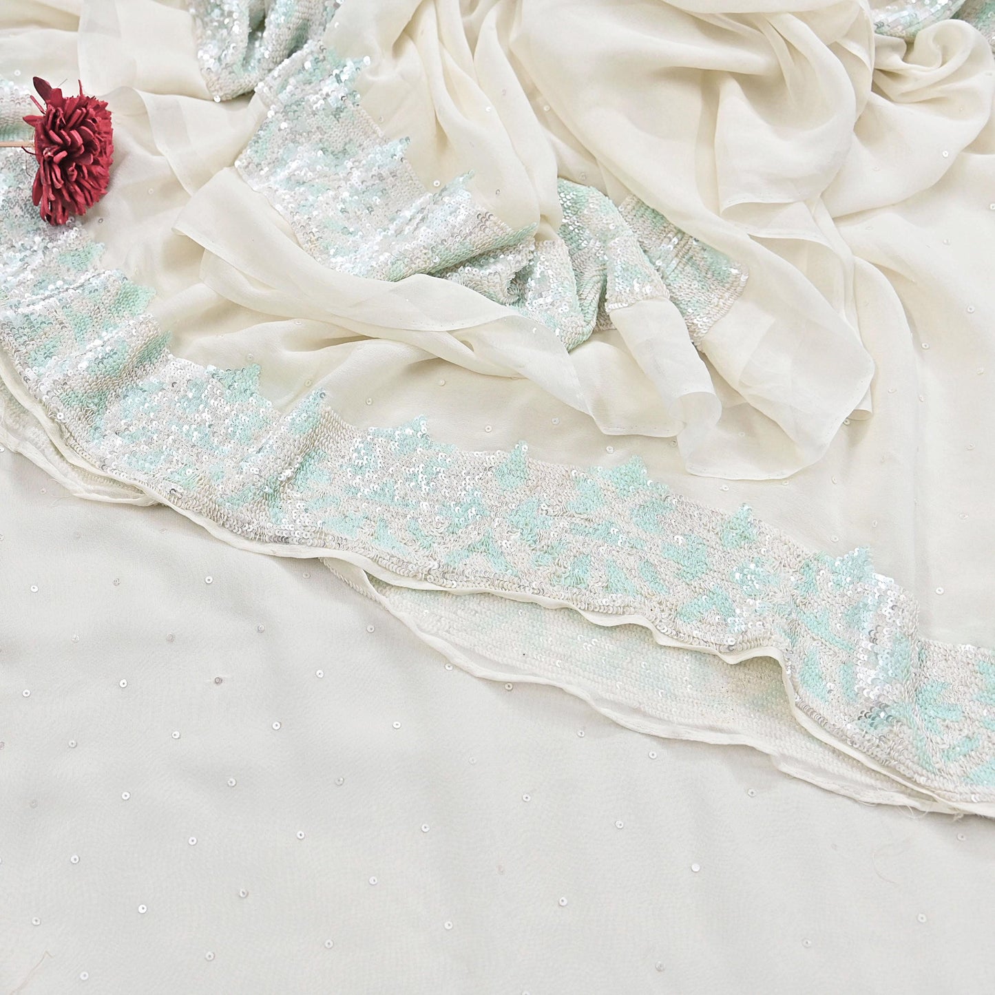 Rare Vintage White Pure Georgette Silk Saree Hand Beaded Abu Jani Designer Sari 6 Yards Bollywood Party Wear Ethnic