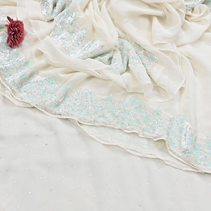 Rare Vintage White Pure Georgette Silk Saree Hand Beaded Abu Jani Designer Sari 6 Yards Bollywood Party Wear Ethnic