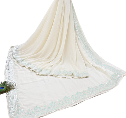 Rare Vintage White Pure Georgette Silk Saree Hand Beaded Abu Jani Designer Sari 6 Yards Bollywood Party Wear Ethnic