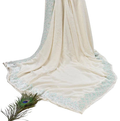 Rare Vintage White Pure Georgette Silk Saree Hand Beaded Abu Jani Designer Sari 6 Yards Bollywood Party Wear Ethnic
