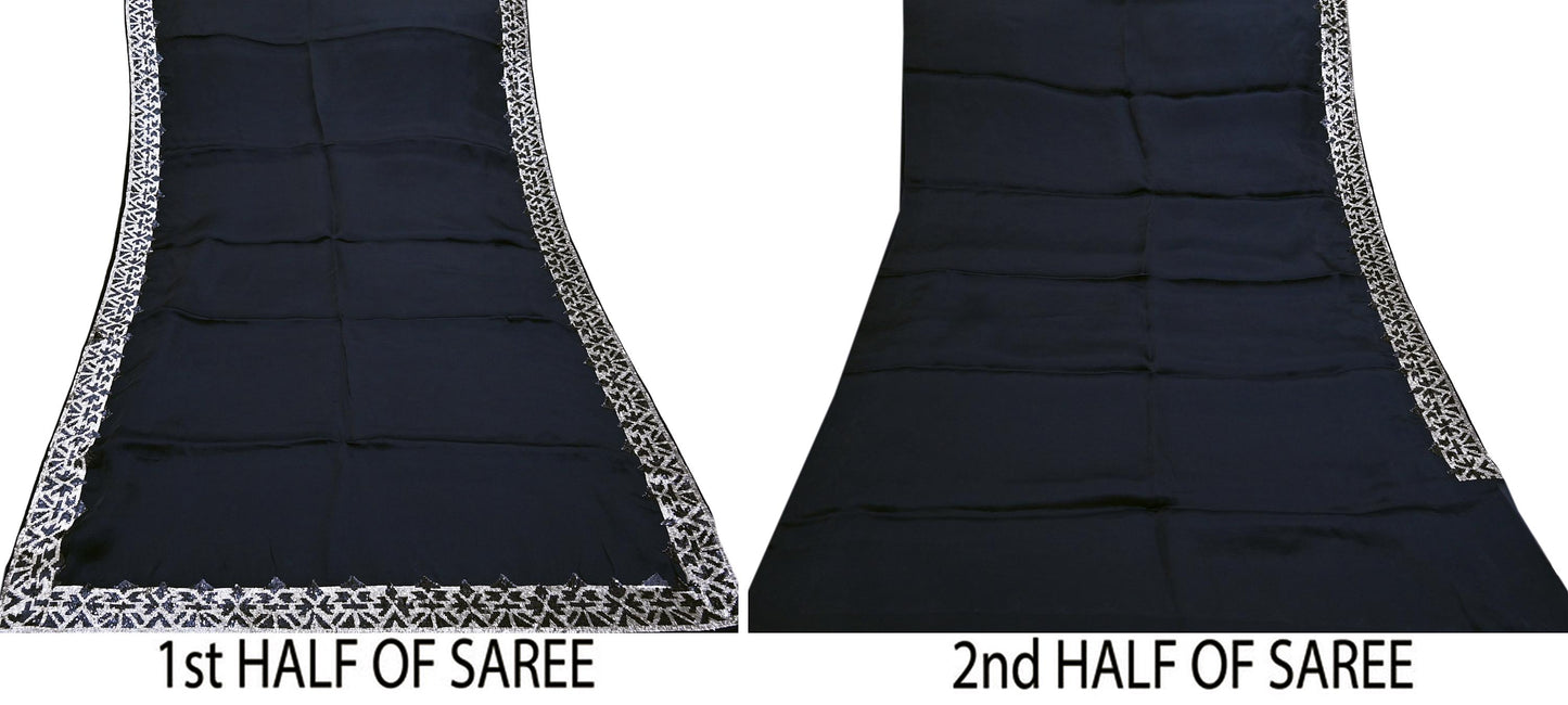 Rare Vintage Deep Blue Pure Organza Silk Saree Zardozi Hand Embroidered Designer Abu Jani Sari 5.5 Yard Bollywood Party Wear