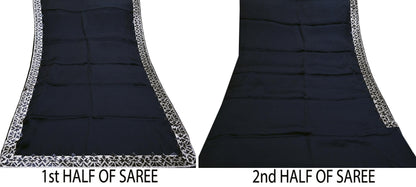 Rare Vintage Deep Blue Pure Organza Silk Saree Zardozi Hand Embroidered Designer Abu Jani Sari 5.5 Yard Bollywood Party Wear