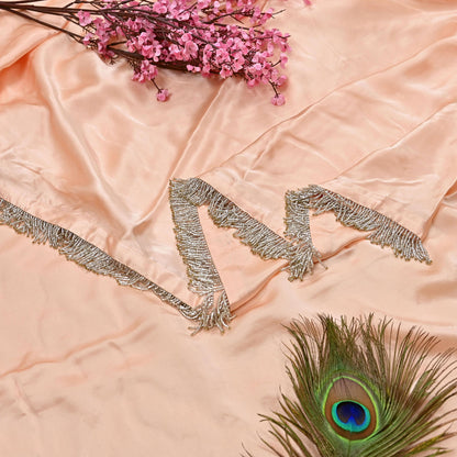 Rare Vintage Peach Pure Satin Silk Saree Hand Embroidered Fabric 5.5 Yards Sari Bollywood Party Wear Ethnic Saree
