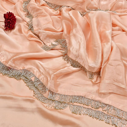 Rare Vintage Peach Pure Satin Silk Saree Hand Embroidered Fabric 5.5 Yards Sari Bollywood Party Wear Ethnic Saree