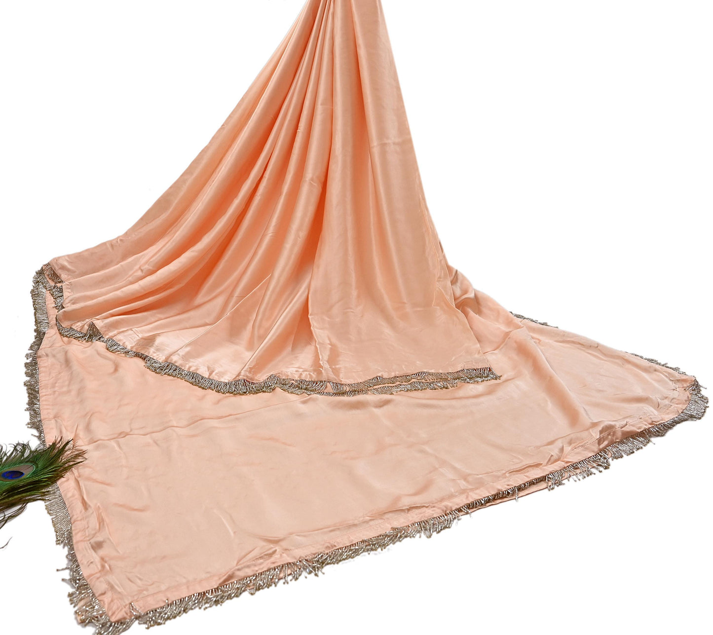 Rare Vintage Peach Pure Satin Silk Saree Hand Embroidered Fabric 5.5 Yards Sari Bollywood Party Wear Ethnic Saree