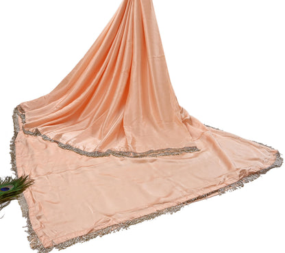 Rare Vintage Peach Pure Satin Silk Saree Hand Embroidered Fabric 5.5 Yards Sari Bollywood Party Wear Ethnic Saree