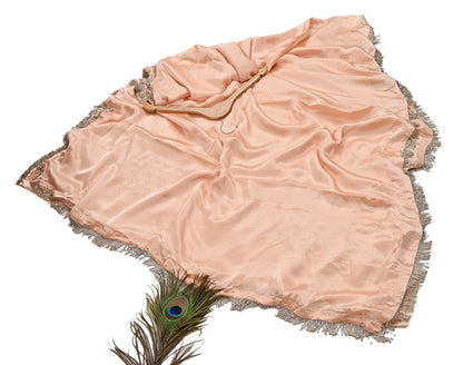 Rare Vintage Peach Pure Satin Silk Saree Hand Embroidered Fabric 5.5 Yards Sari Bollywood Party Wear Ethnic Saree