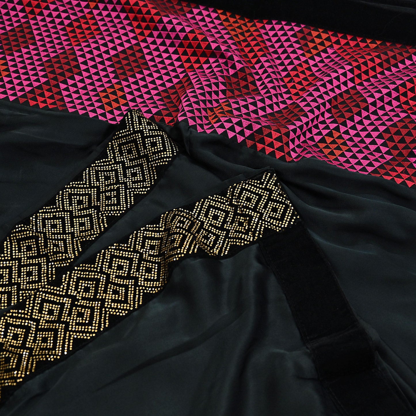 Rare Vintage Black Georgette & Satin Silk Saree Embroidered Fabric 6 Yard Sari Bollywood Party Wear Saree