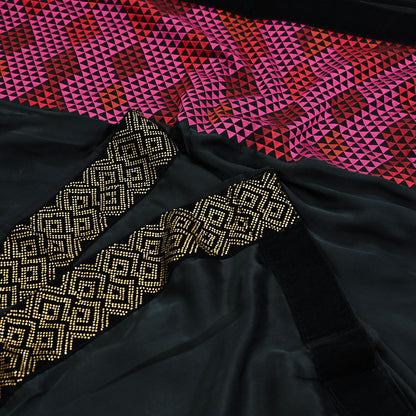Rare Vintage Black Georgette & Satin Silk Saree Embroidered Fabric 6 Yard Sari Bollywood Party Wear Saree