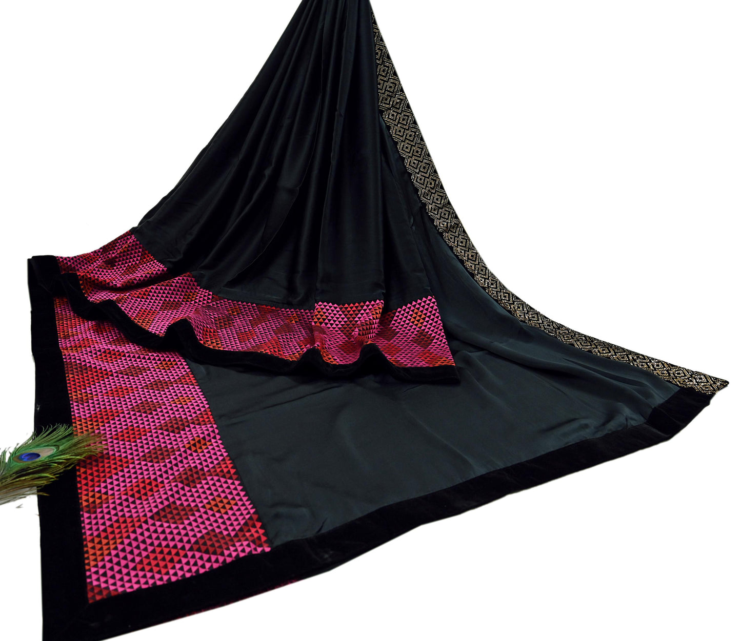 Rare Vintage Black Georgette & Satin Silk Saree Embroidered Fabric 6 Yard Sari Bollywood Party Wear Saree