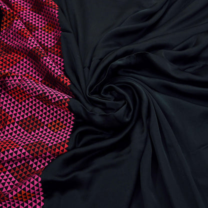 Rare Vintage Black Georgette & Satin Silk Saree Embroidered Fabric 6 Yard Sari Bollywood Party Wear Saree
