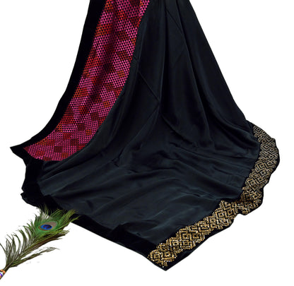 Rare Vintage Black Georgette & Satin Silk Saree Embroidered Fabric 6 Yard Sari Bollywood Party Wear Saree