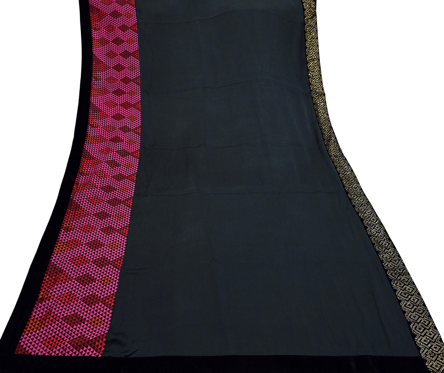 Rare Vintage Black Georgette & Satin Silk Saree Embroidered Fabric 6 Yard Sari Bollywood Party Wear Saree