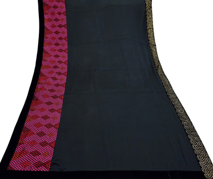 Rare Vintage Black Georgette & Satin Silk Saree Embroidered Fabric 6 Yard Sari Bollywood Party Wear Saree