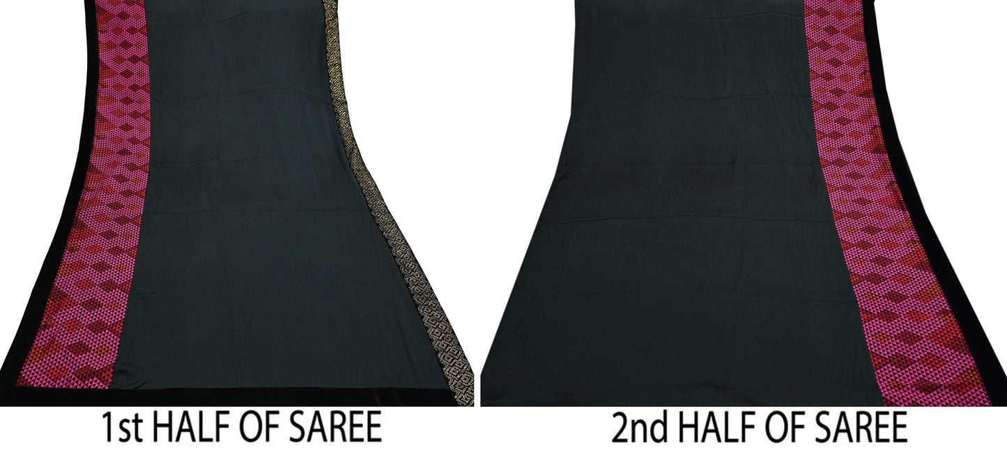 Rare Vintage Black Georgette & Satin Silk Saree Embroidered Fabric 6 Yard Sari Bollywood Party Wear Saree