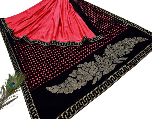 Rare Vintage Black Peach Velvet & Satin Silk Saree Embroidered Fabric 6 Yard Sari Bollywood Party Wear Saree