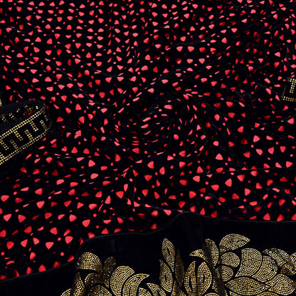 Rare Vintage Black Peach Velvet & Satin Silk Saree Embroidered Fabric 6 Yard Sari Bollywood Party Wear Saree