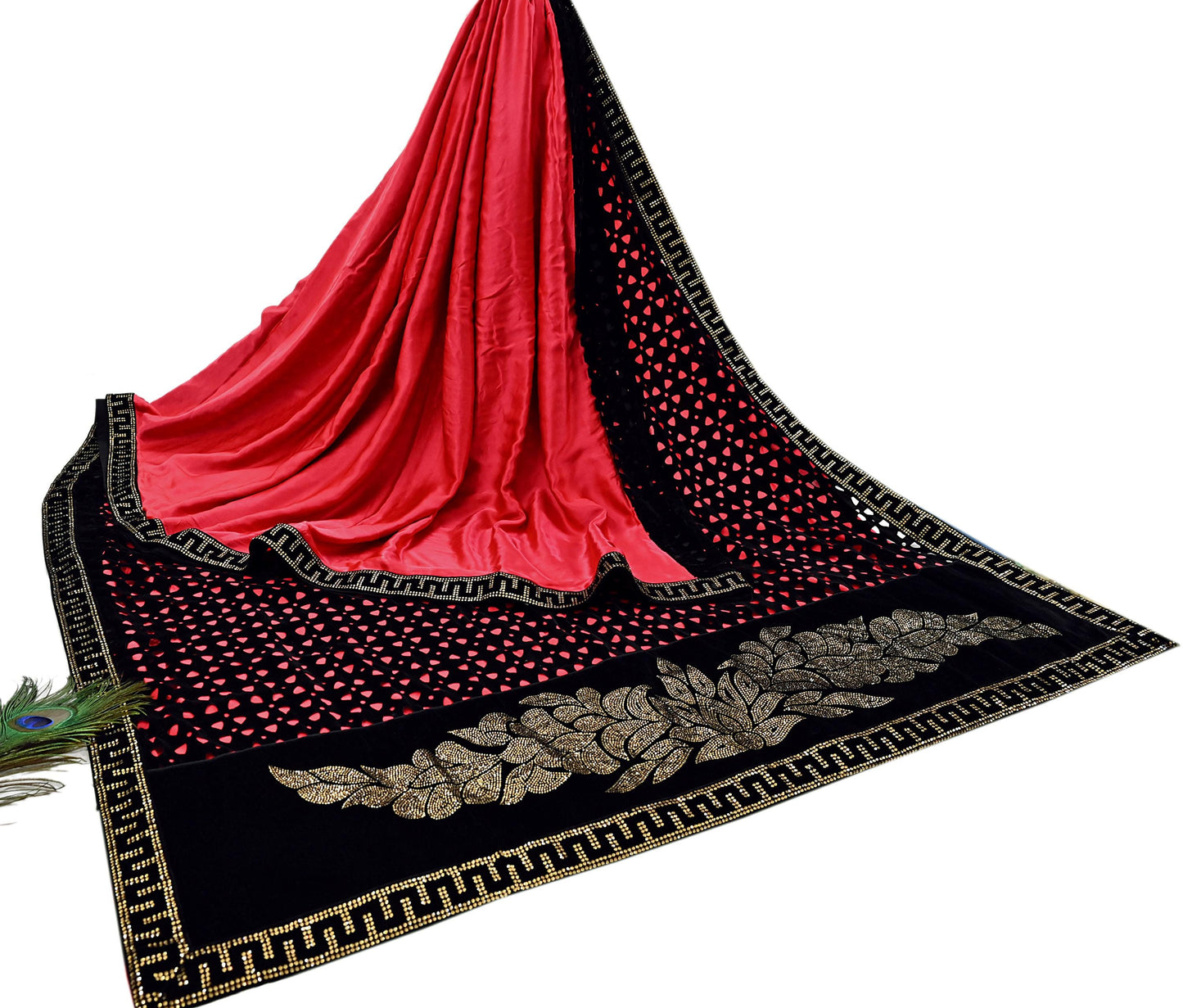 Rare Vintage Black Peach Velvet & Satin Silk Saree Embroidered Fabric 6 Yard Sari Bollywood Party Wear Saree