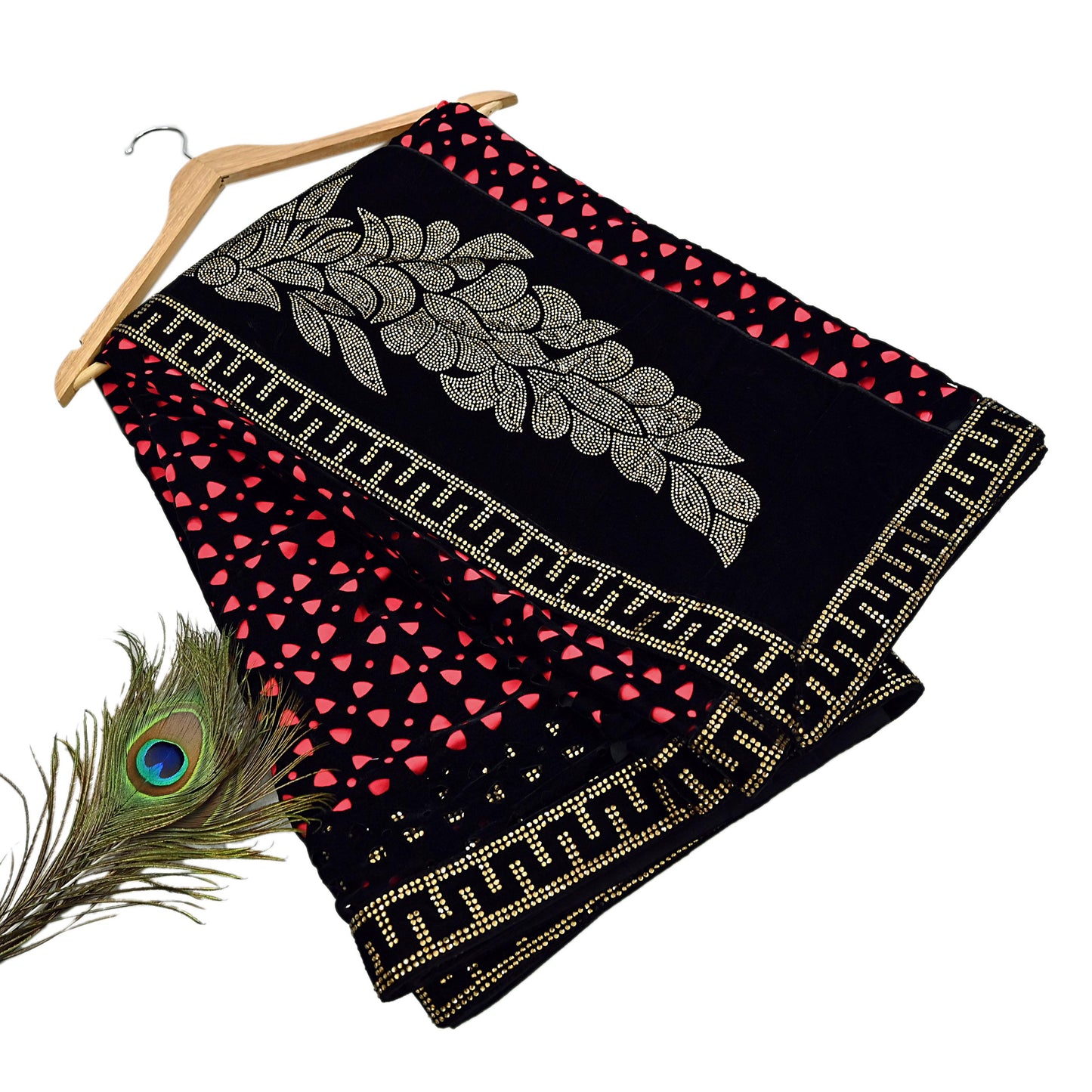 Rare Vintage Black Peach Velvet & Satin Silk Saree Embroidered Fabric 6 Yard Sari Bollywood Party Wear Saree
