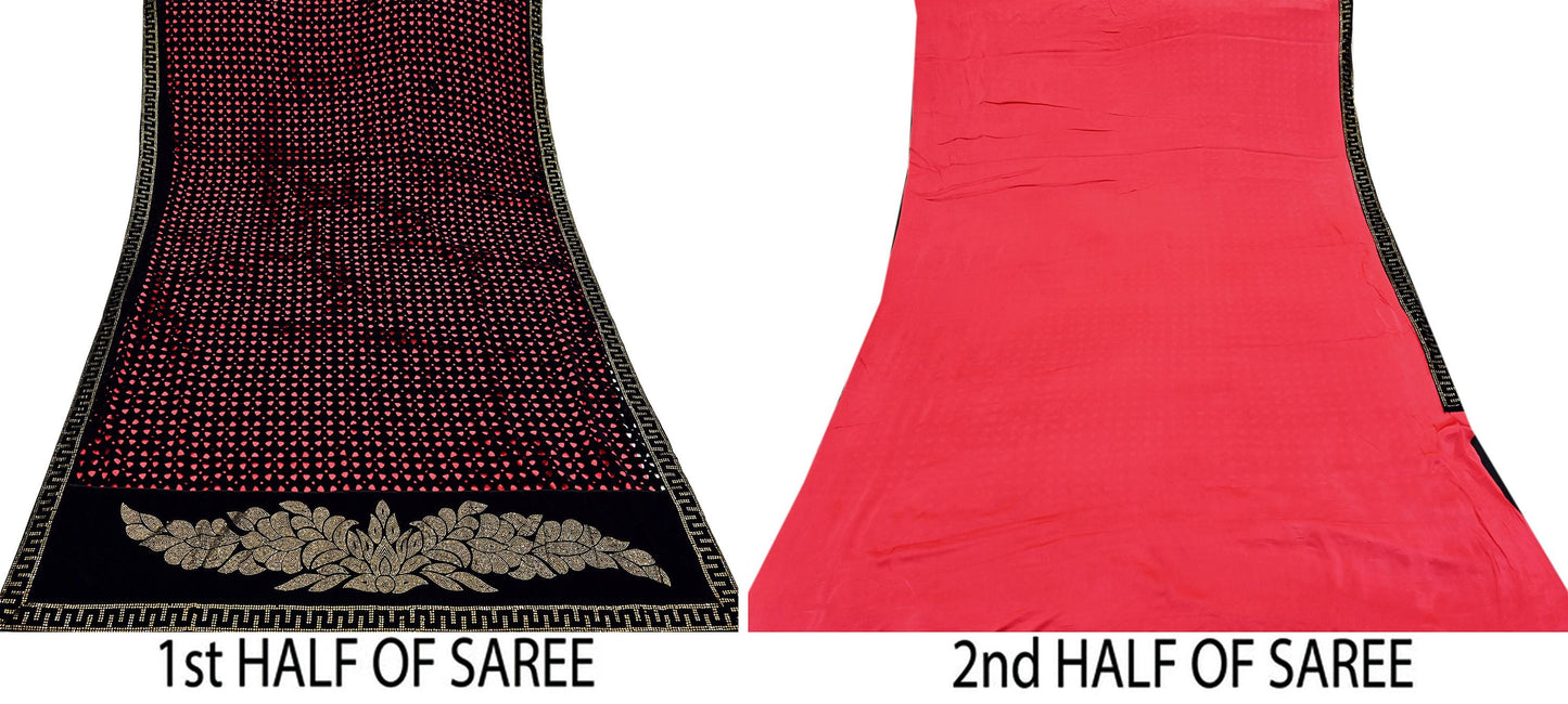 Rare Vintage Black Peach Velvet & Satin Silk Saree Embroidered Fabric 6 Yard Sari Bollywood Party Wear Saree