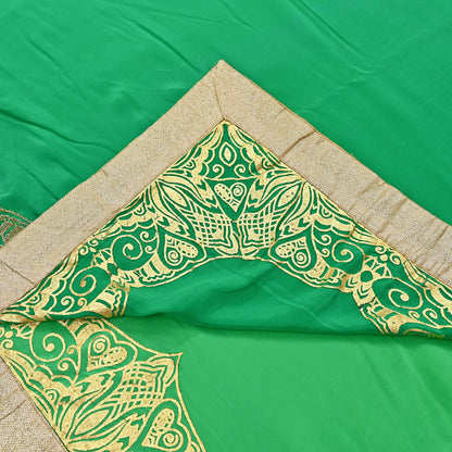 Rare Vintage Green Pure Crepe Silk Saree Embroidered Fabric 6 Yard Sari Bollywood Party Wear Saree with blouse fabric