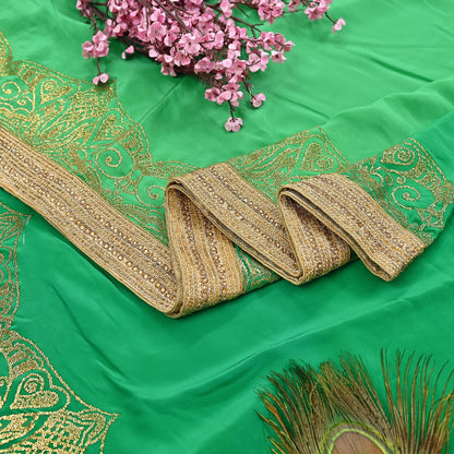 Rare Vintage Green Pure Crepe Silk Saree Embroidered Fabric 6 Yard Sari Bollywood Party Wear Saree with blouse fabric