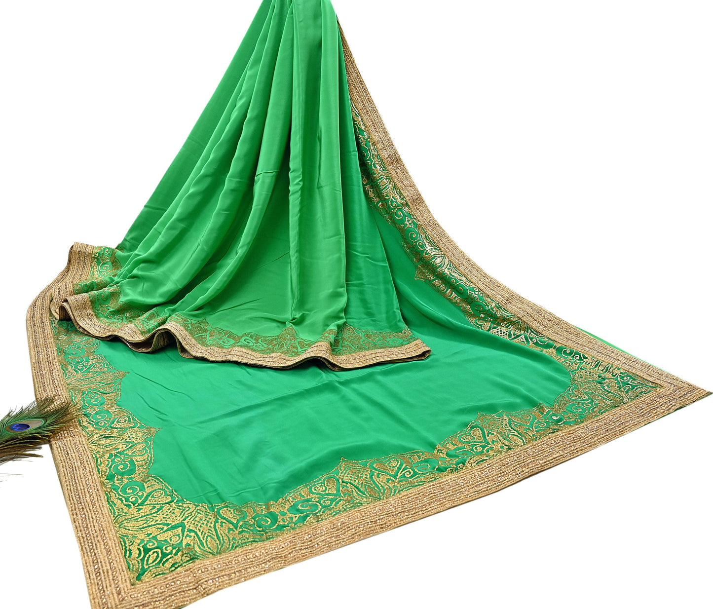 Rare Vintage Green Pure Crepe Silk Saree Embroidered Fabric 6 Yard Sari Bollywood Party Wear Saree with blouse fabric