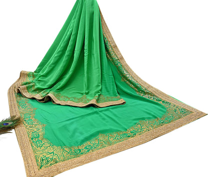 Rare Vintage Green Pure Crepe Silk Saree Embroidered Fabric 6 Yard Sari Bollywood Party Wear Saree with blouse fabric