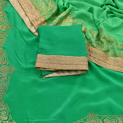 Rare Vintage Green Pure Crepe Silk Saree Embroidered Fabric 6 Yard Sari Bollywood Party Wear Saree with blouse fabric
