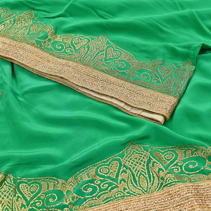 Rare Vintage Green Pure Crepe Silk Saree Embroidered Fabric 6 Yard Sari Bollywood Party Wear Saree with blouse fabric