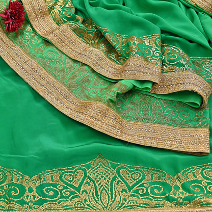 Rare Vintage Green Pure Crepe Silk Saree Embroidered Fabric 6 Yard Sari Bollywood Party Wear Saree with blouse fabric