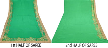 Rare Vintage Green Pure Crepe Silk Saree Embroidered Fabric 6 Yard Sari Bollywood Party Wear Saree with blouse fabric
