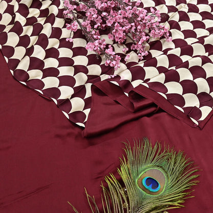 Rare Vintage Maroon & Ivory Pure Satin Silk Saree Hand Embroidered Fabric 5.5 Yards Sari Bollywood Party Wear Ethnic with Blouse fabric