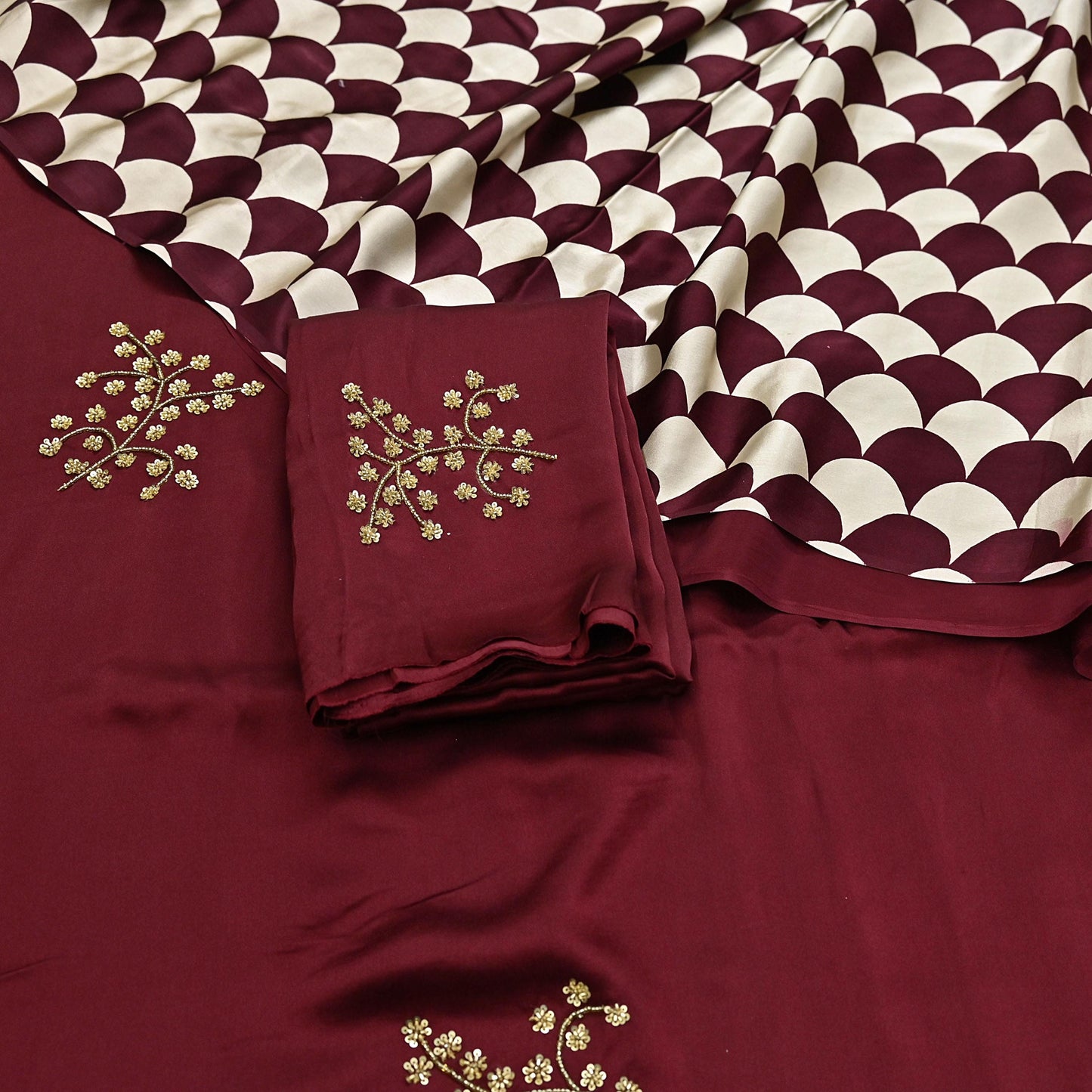 Rare Vintage Maroon & Ivory Pure Satin Silk Saree Hand Embroidered Fabric 5.5 Yards Sari Bollywood Party Wear Ethnic with Blouse fabric