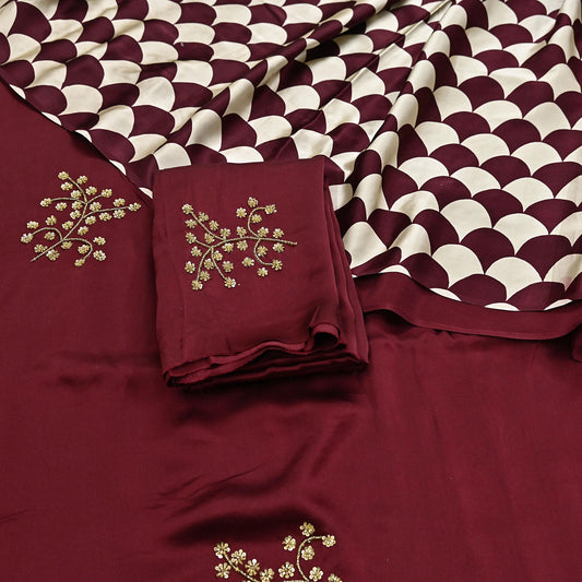 Rare Vintage Maroon & Ivory Pure Satin Silk Saree Hand Embroidered Fabric 5.5 Yards Sari Bollywood Party Wear Ethnic with Blouse fabric