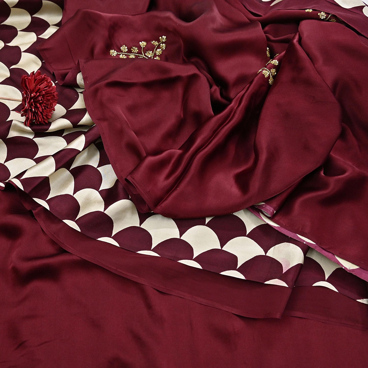 Rare Vintage Maroon & Ivory Pure Satin Silk Saree Hand Embroidered Fabric 5.5 Yards Sari Bollywood Party Wear Ethnic with Blouse fabric