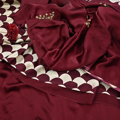 Rare Vintage Maroon & Ivory Pure Satin Silk Saree Hand Embroidered Fabric 5.5 Yards Sari Bollywood Party Wear Ethnic with Blouse fabric
